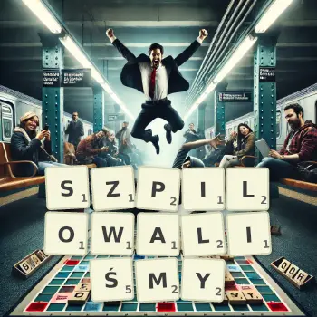 Kreatywna ilustracja do gry w Scrabble ze słowem SZPILOWALIŚMY ułożonym z płytek na planszy.