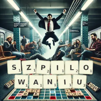 Kreatywna ilustracja do gry w Scrabble ze słowem SZPILOWANIU ułożonym z płytek na planszy.