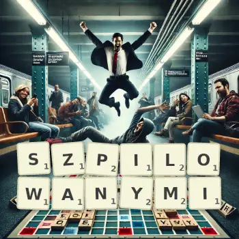 Kreatywna ilustracja do gry w Scrabble ze słowem SZPILOWANYMI ułożonym z płytek na planszy.