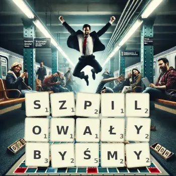 Kreatywna ilustracja do gry w Scrabble ze słowem SZPILOWAŁYBYŚMY ułożonym z płytek na planszy.