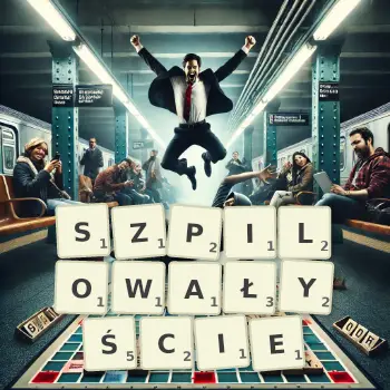 Kreatywna ilustracja do gry w Scrabble ze słowem SZPILOWAŁYŚCIE ułożonym z płytek na planszy.