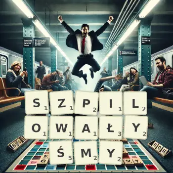 Kreatywna ilustracja do gry w Scrabble ze słowem SZPILOWAŁYŚMY ułożonym z płytek na planszy.