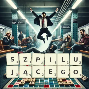 Kreatywna ilustracja do gry w Scrabble ze słowem SZPILUJĄCEGO ułożonym z płytek na planszy.