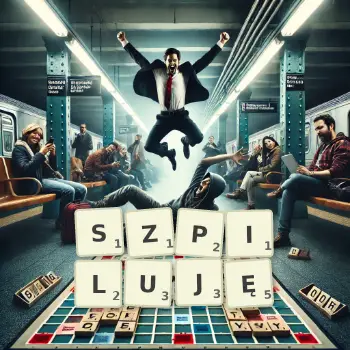 Kreatywna ilustracja do gry w Scrabble ze słowem SZPILUJĘ ułożonym z płytek na planszy.