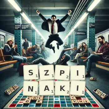 Kreatywna ilustracja do gry w Scrabble ze słowem SZPINAKI ułożonym z płytek na planszy.