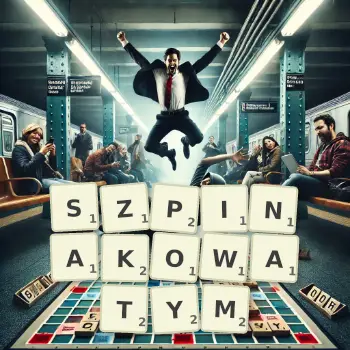 Kreatywna ilustracja do gry w Scrabble ze słowem SZPINAKOWATYM ułożonym z płytek na planszy.
