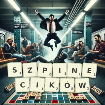 Kreatywna ilustracja do gry w Scrabble ze słowem SZPINECIKÓW ułożonym z płytek na planszy.