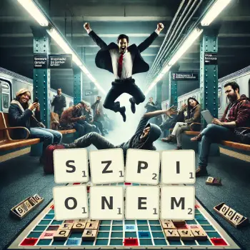 Kreatywna ilustracja do gry w Scrabble ze słowem SZPIONEM ułożonym z płytek na planszy.