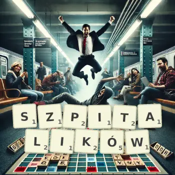 Kreatywna ilustracja do gry w Scrabble ze słowem SZPITALIKÓW ułożonym z płytek na planszy.