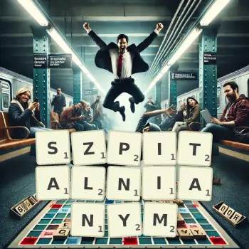 Kreatywna ilustracja do gry w Scrabble ze słowem SZPITALNIANYM ułożonym z płytek na planszy.