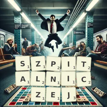 Kreatywna ilustracja do gry w Scrabble ze słowem SZPITALNICZEJ ułożonym z płytek na planszy.