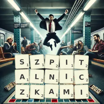 Kreatywna ilustracja do gry w Scrabble ze słowem SZPITALNICZKAMI ułożonym z płytek na planszy.