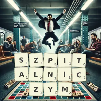 Kreatywna ilustracja do gry w Scrabble ze słowem SZPITALNICZYM ułożonym z płytek na planszy.