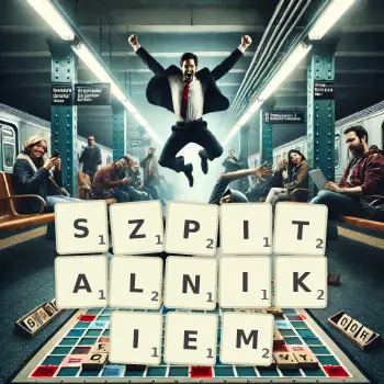 Kreatywna ilustracja do gry w Scrabble ze słowem SZPITALNIKIEM ułożonym z płytek na planszy.