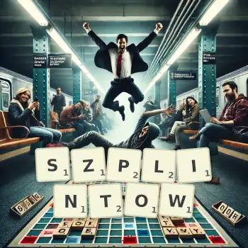 Kreatywna ilustracja do gry w Scrabble ze słowem SZPLINTOW ułożonym z płytek na planszy.