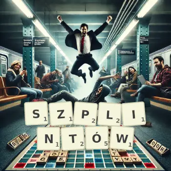 Kreatywna ilustracja do gry w Scrabble ze słowem SZPLINTÓW ułożonym z płytek na planszy.