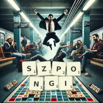 Kreatywna ilustracja do gry w Scrabble ze słowem SZPONGI ułożonym z płytek na planszy.