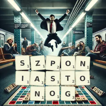 Kreatywna ilustracja do gry w Scrabble ze słowem SZPONIASTONOG ułożonym z płytek na planszy.