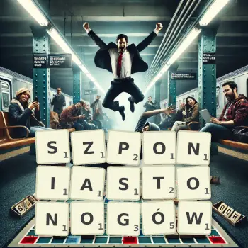 Kreatywna ilustracja do gry w Scrabble ze słowem SZPONIASTONOGÓW ułożonym z płytek na planszy.
