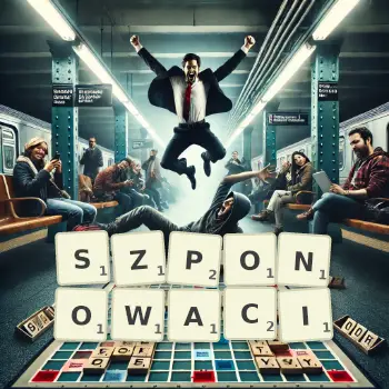 Kreatywna ilustracja do gry w Scrabble ze słowem SZPONOWACI ułożonym z płytek na planszy.