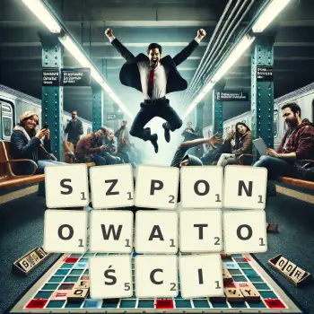 Kreatywna ilustracja do gry w Scrabble ze słowem SZPONOWATOŚCI ułożonym z płytek na planszy.