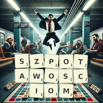 Kreatywna ilustracja do gry w Scrabble ze słowem SZPOTAWOSCIOM ułożonym z płytek na planszy.