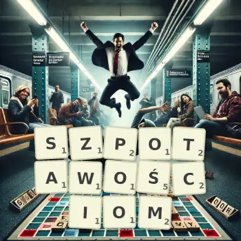 Kreatywna ilustracja do gry w Scrabble ze słowem SZPOTAWOŚCIOM ułożonym z płytek na planszy.