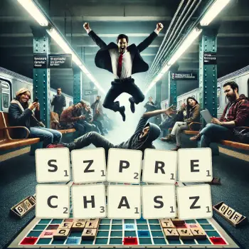 Kreatywna ilustracja do gry w Scrabble ze słowem SZPRECHASZ ułożonym z płytek na planszy.