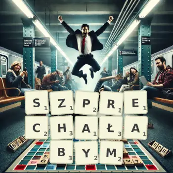 Kreatywna ilustracja do gry w Scrabble ze słowem SZPRECHAŁABYM ułożonym z płytek na planszy.