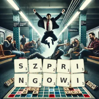 Kreatywna ilustracja do gry w Scrabble ze słowem SZPRINGOWI ułożonym z płytek na planszy.