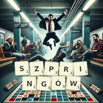 Kreatywna ilustracja do gry w Scrabble ze słowem SZPRINGÓW ułożonym z płytek na planszy.