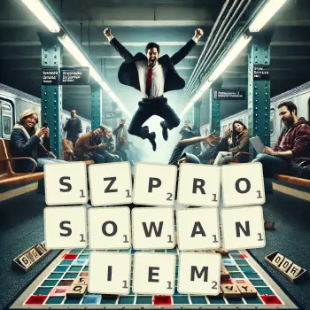 Kreatywna ilustracja do gry w Scrabble ze słowem SZPROSOWANIEM ułożonym z płytek na planszy.