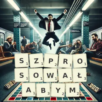 Kreatywna ilustracja do gry w Scrabble ze słowem SZPROSOWAŁABYM ułożonym z płytek na planszy.