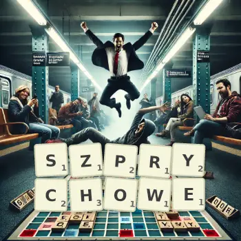 Kreatywna ilustracja do gry w Scrabble ze słowem SZPRYCHOWE ułożonym z płytek na planszy.