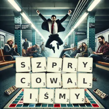 Kreatywna ilustracja do gry w Scrabble ze słowem SZPRYCOWALIŚMY ułożonym z płytek na planszy.