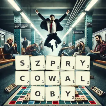 Kreatywna ilustracja do gry w Scrabble ze słowem SZPRYCOWALOBY ułożonym z płytek na planszy.