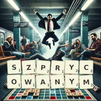 Kreatywna ilustracja do gry w Scrabble ze słowem SZPRYCOWANYM ułożonym z płytek na planszy.