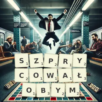 Kreatywna ilustracja do gry w Scrabble ze słowem SZPRYCOWAŁOBYM ułożonym z płytek na planszy.