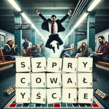 Kreatywna ilustracja do gry w Scrabble ze słowem SZPRYCOWAŁYŚCIE ułożonym z płytek na planszy.