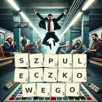 Kreatywna ilustracja do gry w Scrabble ze słowem SZPULECZKOWEGO ułożonym z płytek na planszy.