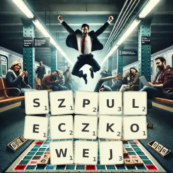 Kreatywna ilustracja do gry w Scrabble ze słowem SZPULECZKOWEJ ułożonym z płytek na planszy.