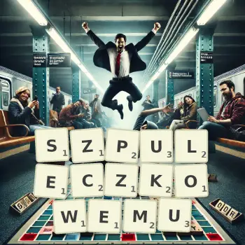 Kreatywna ilustracja do gry w Scrabble ze słowem SZPULECZKOWEMU ułożonym z płytek na planszy.