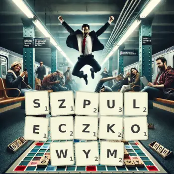 Kreatywna ilustracja do gry w Scrabble ze słowem SZPULECZKOWYM ułożonym z płytek na planszy.