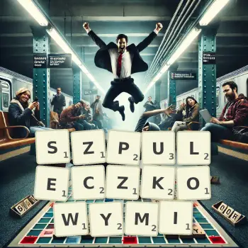Kreatywna ilustracja do gry w Scrabble ze słowem SZPULECZKOWYMI ułożonym z płytek na planszy.