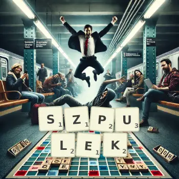 Kreatywna ilustracja do gry w Scrabble ze słowem SZPULEK ułożonym z płytek na planszy.