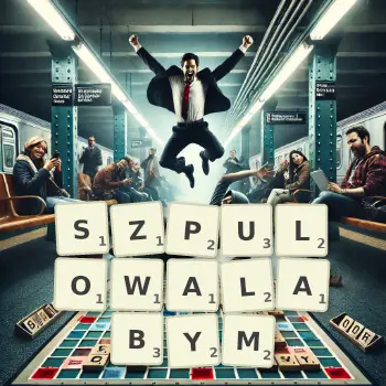 Kreatywna ilustracja do gry w Scrabble ze słowem SZPULOWALABYM ułożonym z płytek na planszy.