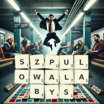 Kreatywna ilustracja do gry w Scrabble ze słowem SZPULOWALABYS ułożonym z płytek na planszy.