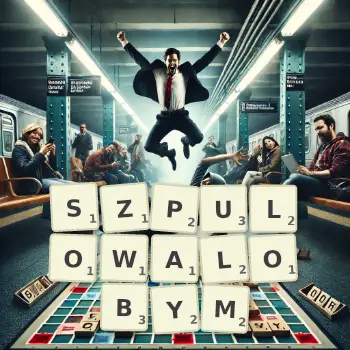 Kreatywna ilustracja do gry w Scrabble ze słowem SZPULOWALOBYM ułożonym z płytek na planszy.