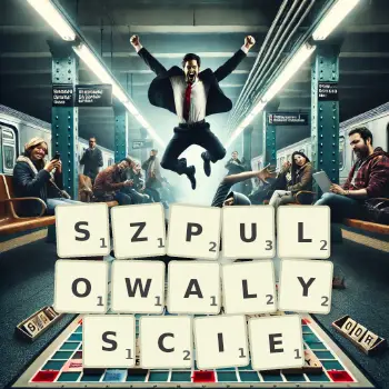 Kreatywna ilustracja do gry w Scrabble ze słowem SZPULOWALYSCIE ułożonym z płytek na planszy.
