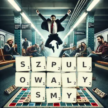 Kreatywna ilustracja do gry w Scrabble ze słowem SZPULOWALYSMY ułożonym z płytek na planszy.